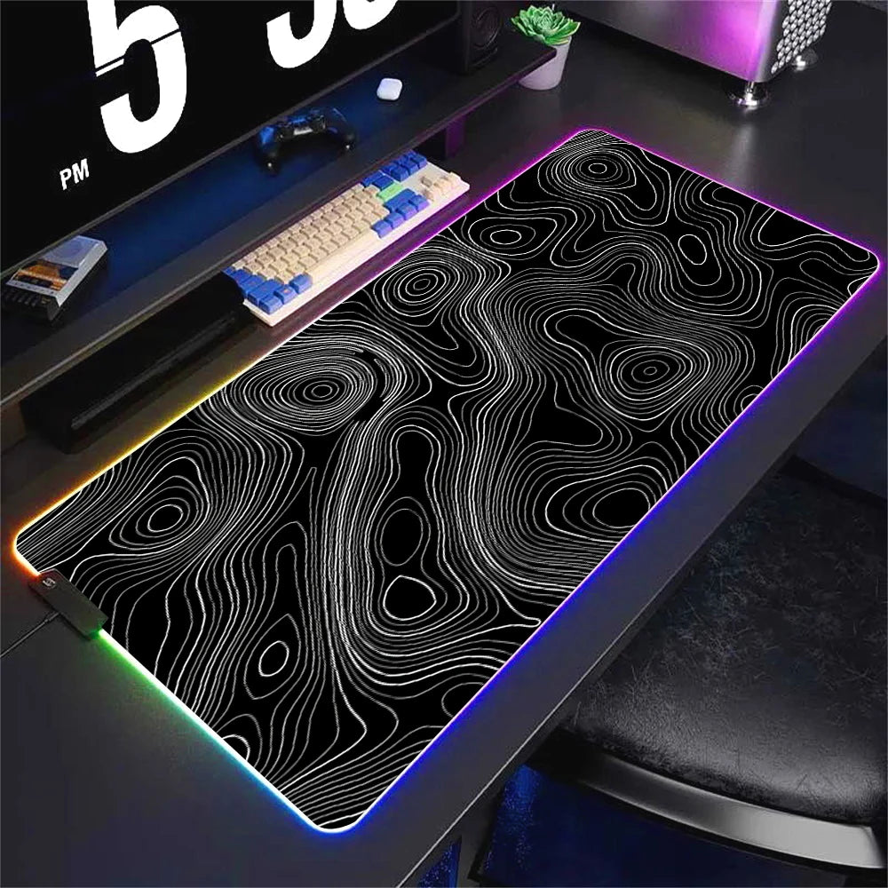 LED Desk Mat Black and White Lines RGB Computer Mouse Pad Gamer Cabinet Luminescence Abstract Mousepad Keyboard Gaming Deskmat