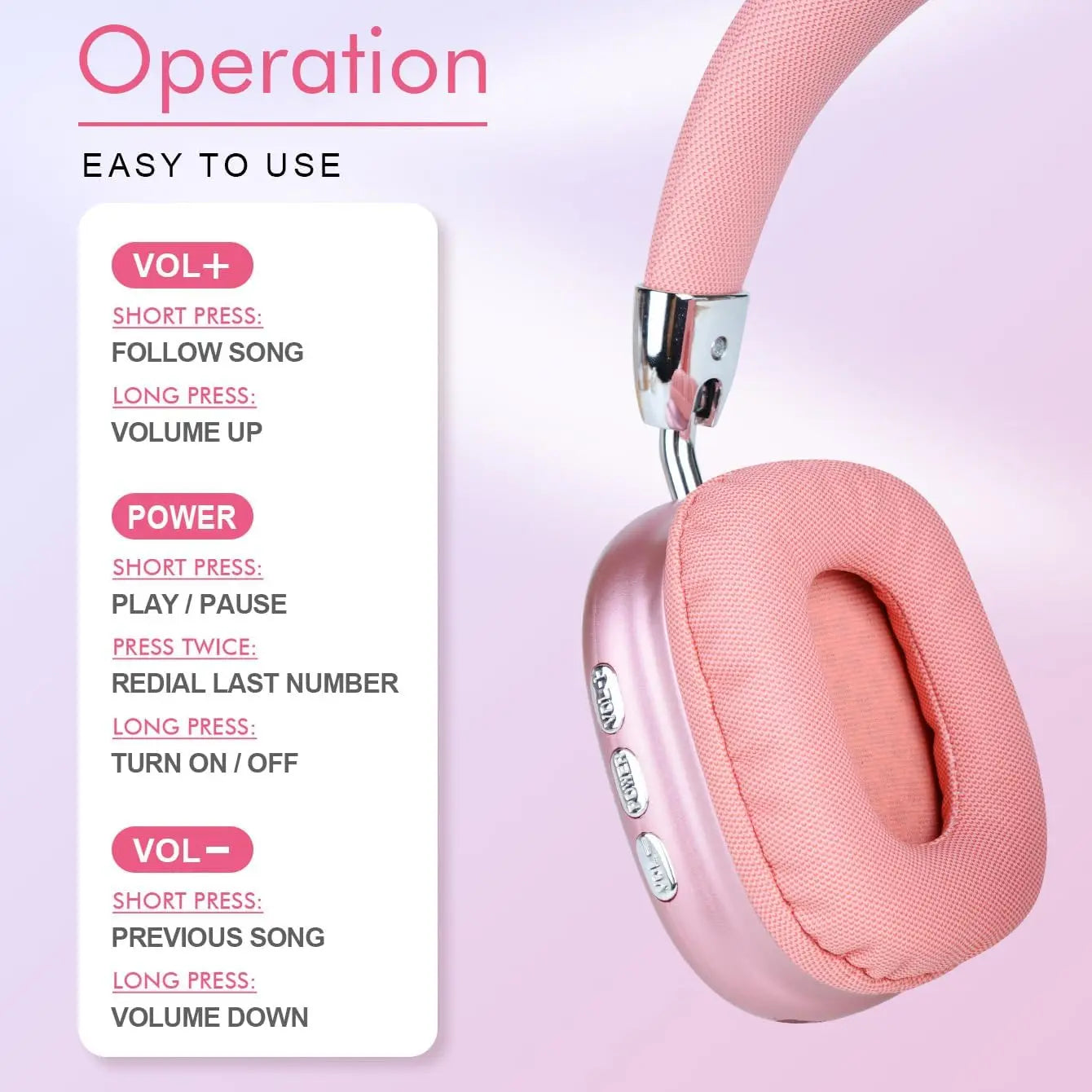 Foldable Over Ear Bluetooth Headphones Pink Stereo Wireless Headset with Microphone Support TF Card for Gaming Music