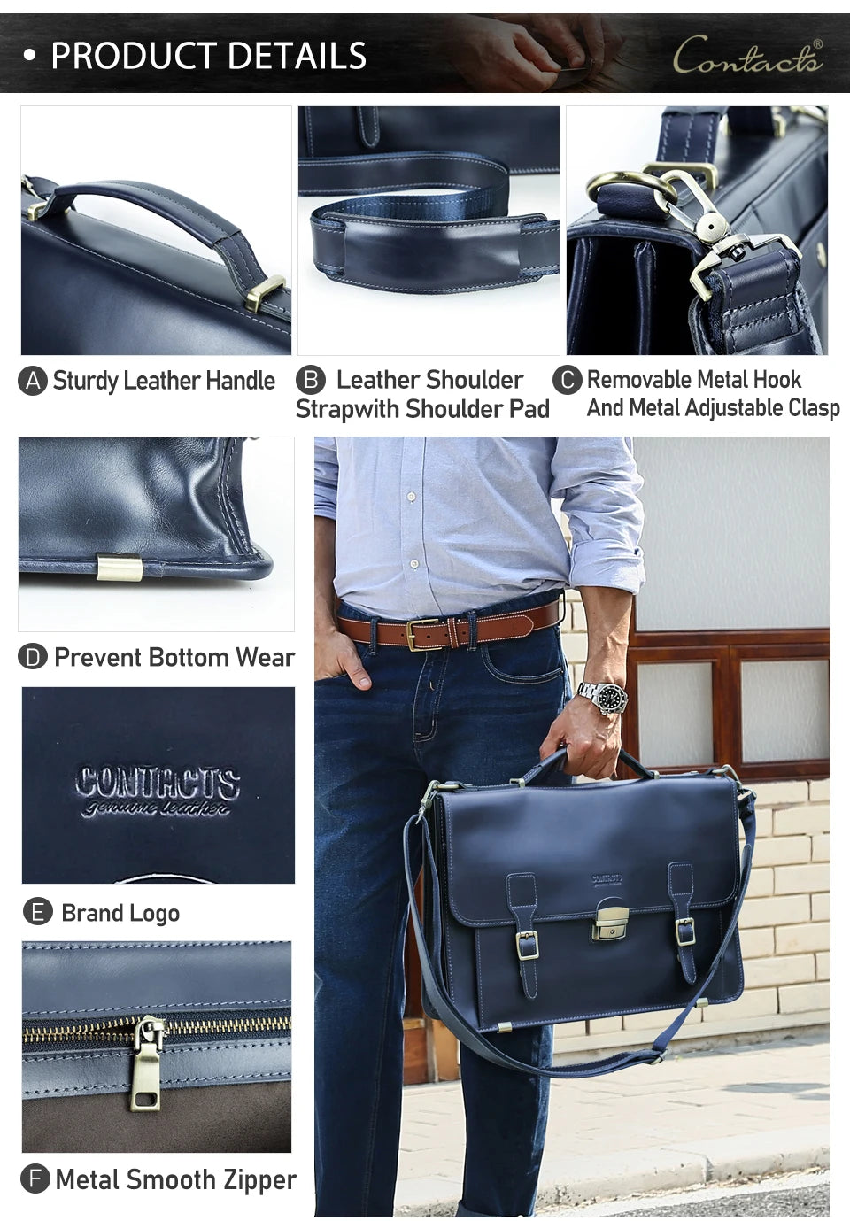 CONTACT'S Genuine Leather Business Bags for Men High Quality Briefcase Office Bag Male Tote Laptop Bags Portfolio Bag Document