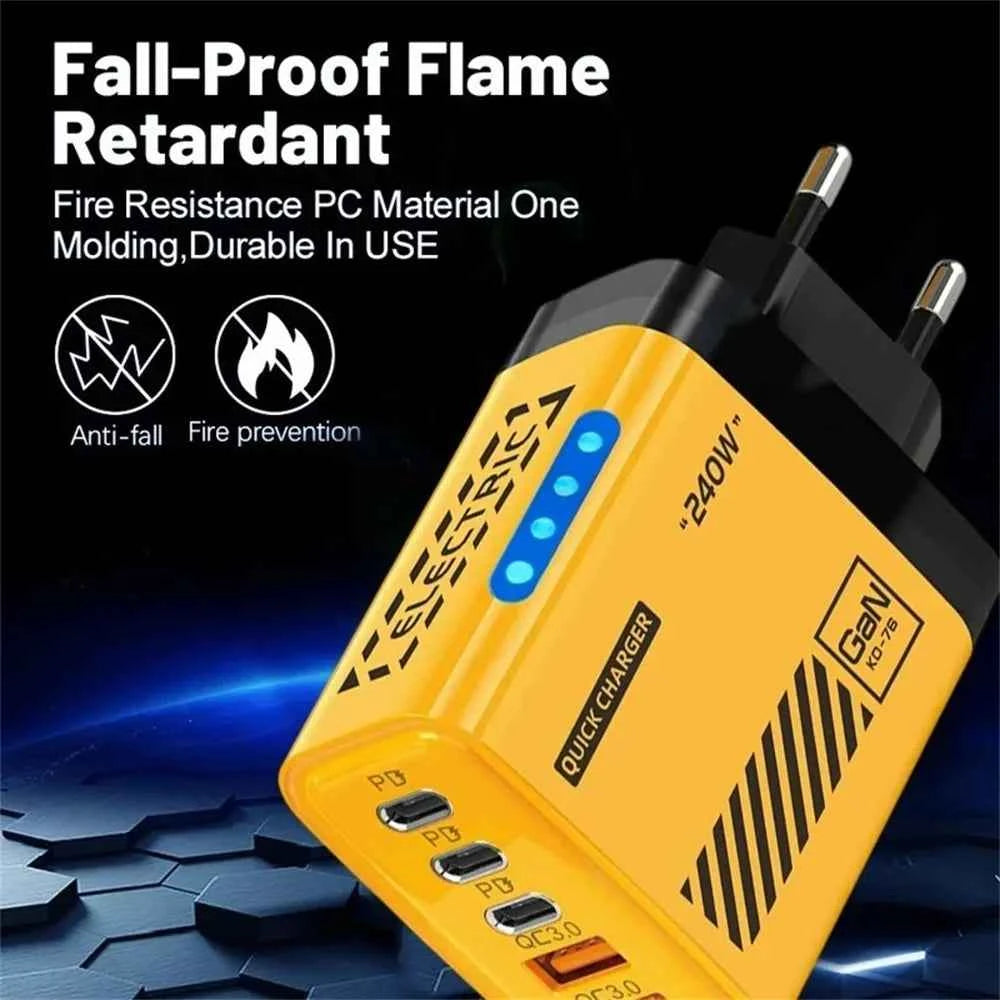 5 Port GaN Fast Charger 240W USB C PD Charger QC 3.0 Wall Adapter for iPhone Samsung Xiaomi Huawei Fast Charging EU US Plug LED