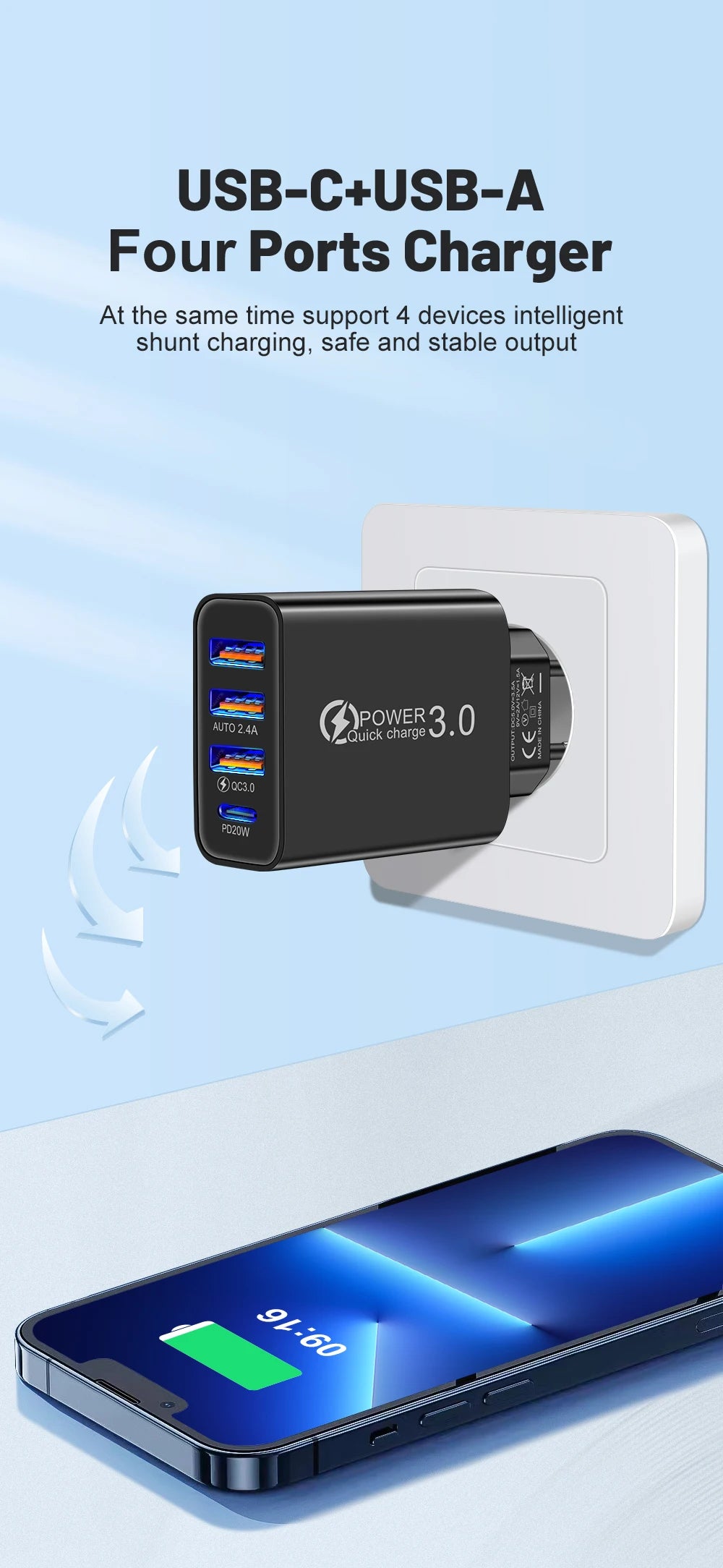 Total 20W Multi Port Wall Charger USB PD Adapter For Xiaomi iPhone 13 12 for Samsung Mobile Phone Plug Charging