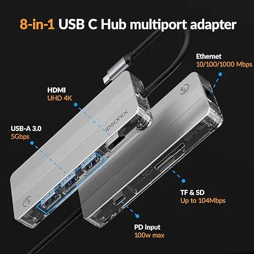 iDsonix Type C USB 3.0 HUB 15 in 1 Docking Station Multiport Adapter with HDMI 4K@60Hz PD100W Gigabit Ethernet SD/TF Card Reader