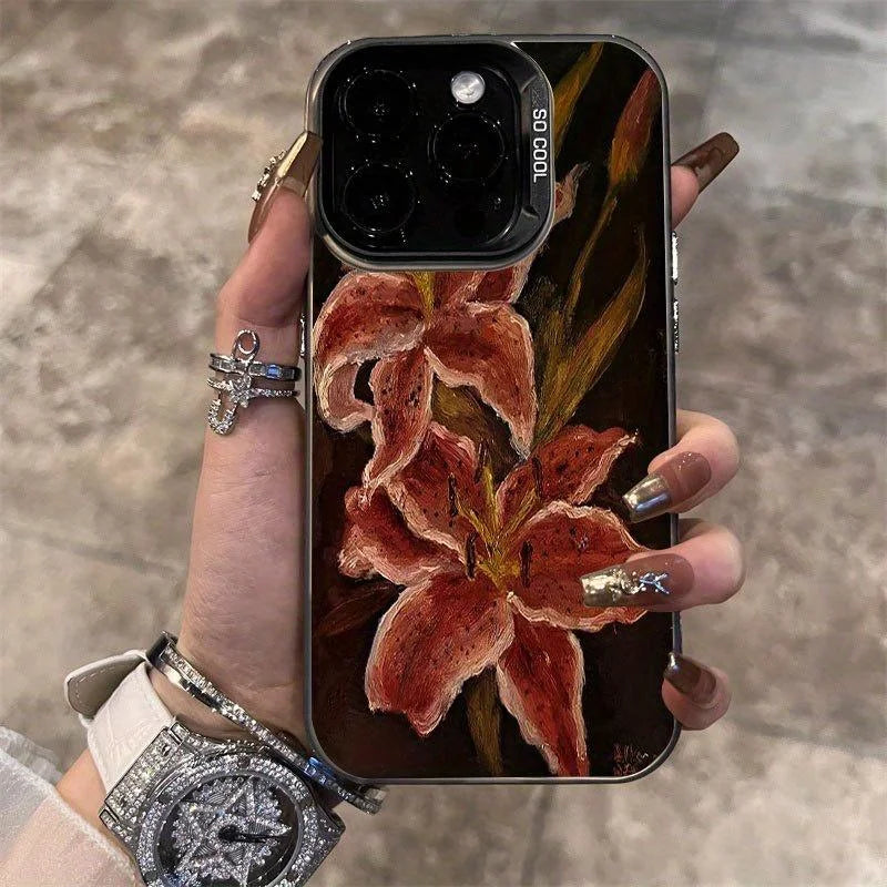 Vintage Lily Pattern Non-Slip Anti-Drip Tpu Phone Case for iPhone 16 15 14 13 12 11