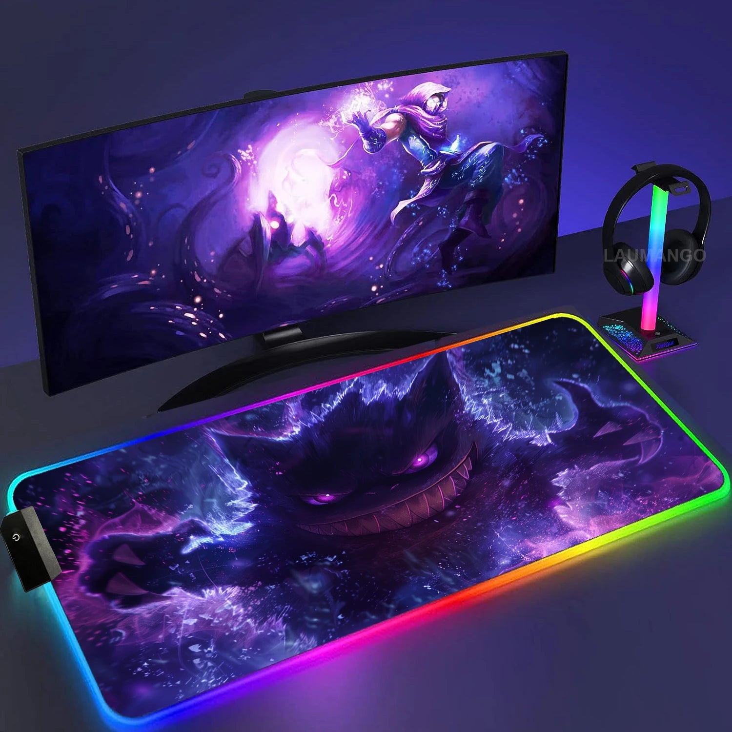 Gengar Mousepad Pokemon RGB LED Purple Mouse Pad Gaming Accessories Ghost Big Extended Keyboard Carpet PC Anime Desk Mats - WinSupport Tech