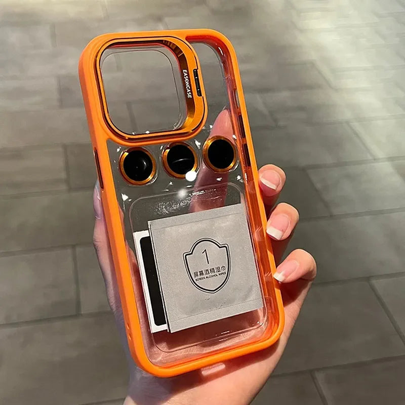 Lens Metal Ring Protector Stand Case For iPhone 15 16 14 13 12 11 Pro Max 16 Plus Camera Glass Protection Transparent Back Cover