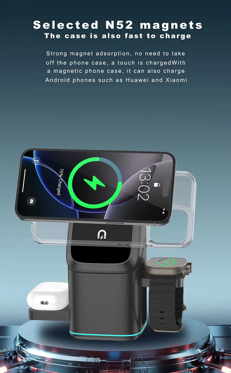 Qi2 15W 3-in-1 Magnetic Wireless Charger Stand Fast Charging For iPhone 14 15 16 17/AirPods Charger Touch Auto Rotation