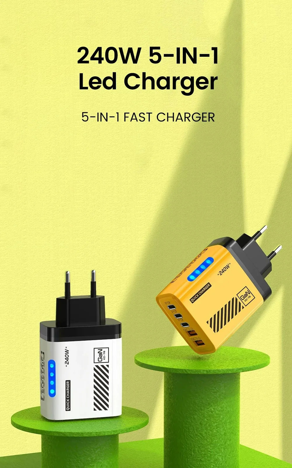 Desktop GaN Charger 240W 5-in-1 Fast Charging Charger 3PD 2USB for iPhone Samsung Xiaomi Tablet EU/US/UK Plug Wall Adapter