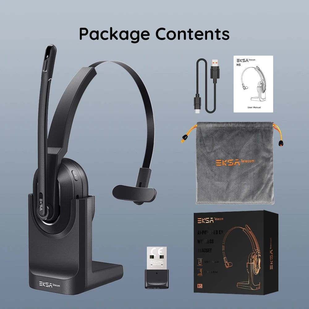EKSA - H5 Bluetooth 5.0 Headsets, PC Wireless Headphones, 2 Mics ENC Earphones, with Charging Base USB Dongle for Office
