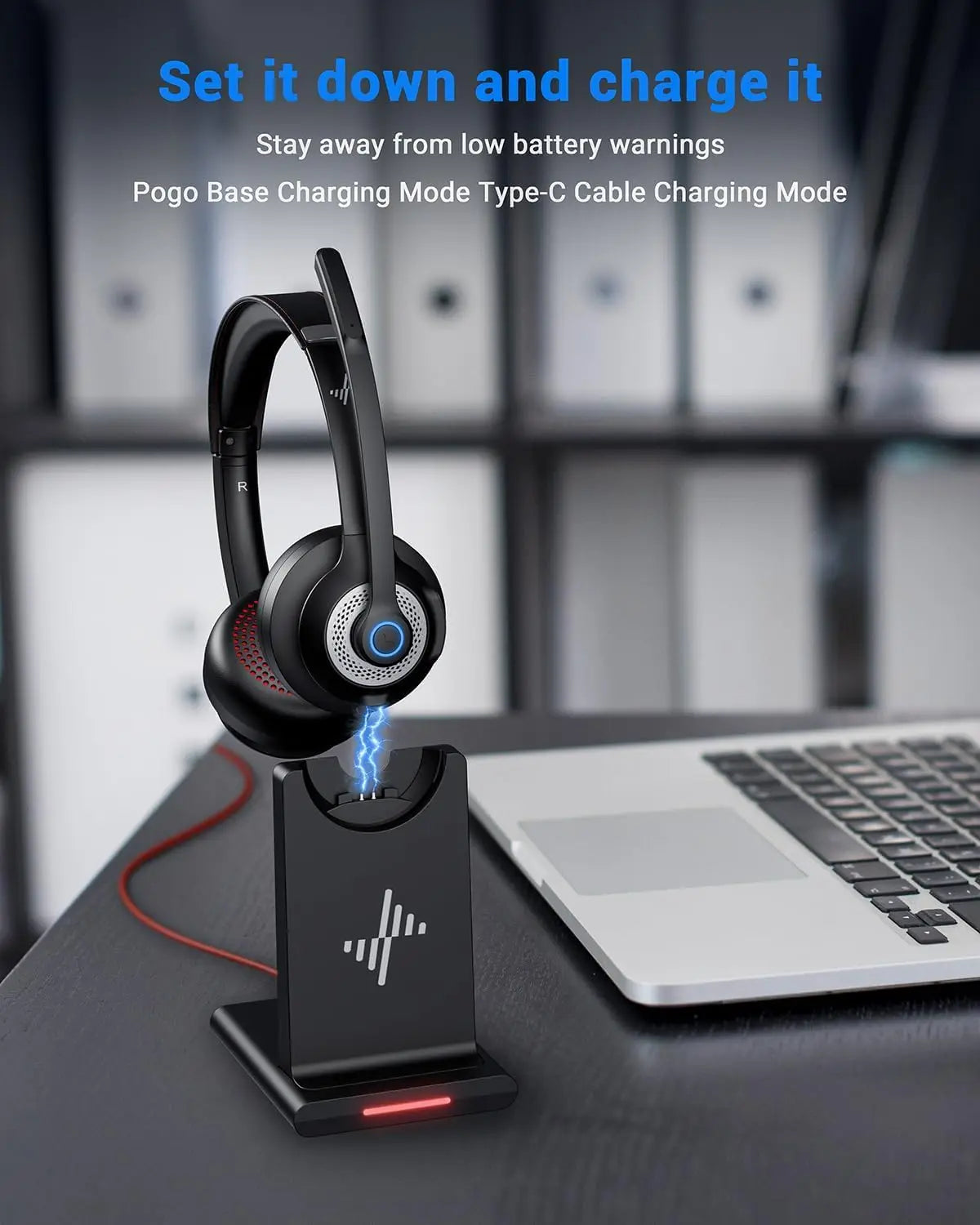 JIAMQISHI EH02P Wireless Headset with AI Noise Cancelling Microphone Headphones Bluetooth V5.2 with USB Dongle,Charging Base