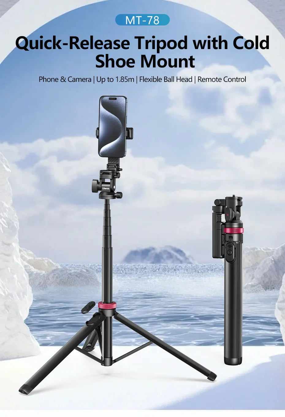 Ulanzi MT-78 1.85M Quick Release Tripod with Remote Phone Holder Cold Shoe Mount 1/4'' for Phone Camera Video Light Flash Mic
