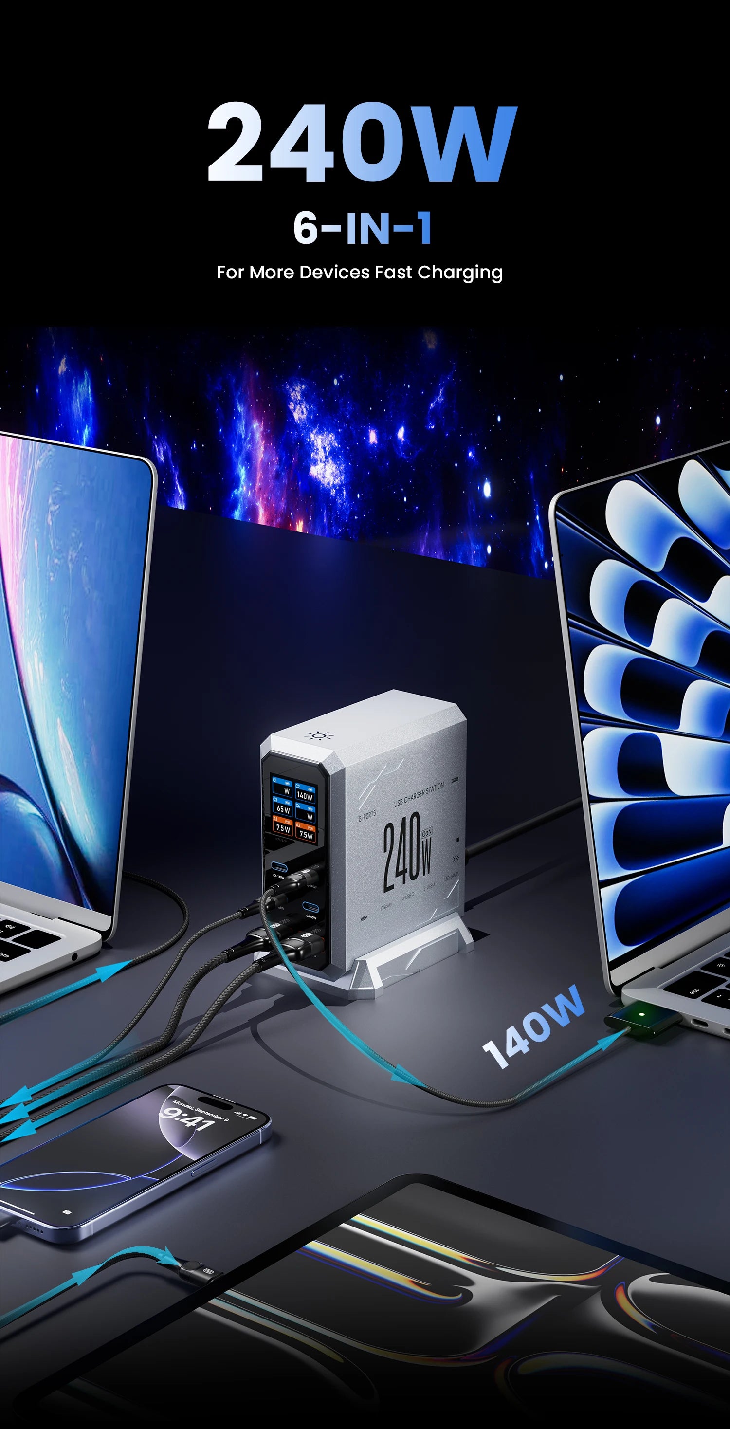 240W Digital GaN Charger PD3.1 140W USB Type C 6 Ports Desktop Fast Charging Station for IPhone Samsung Xiaomi MacBook Laptops