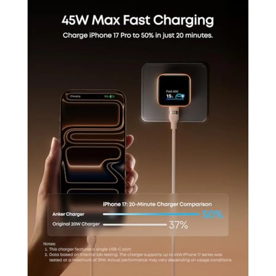 Smart Display Charger, Nano USB C Charger Block, 45W Max GaN Phone Charger, 180° Foldable Plug, Smart Recognition, Built-in Car