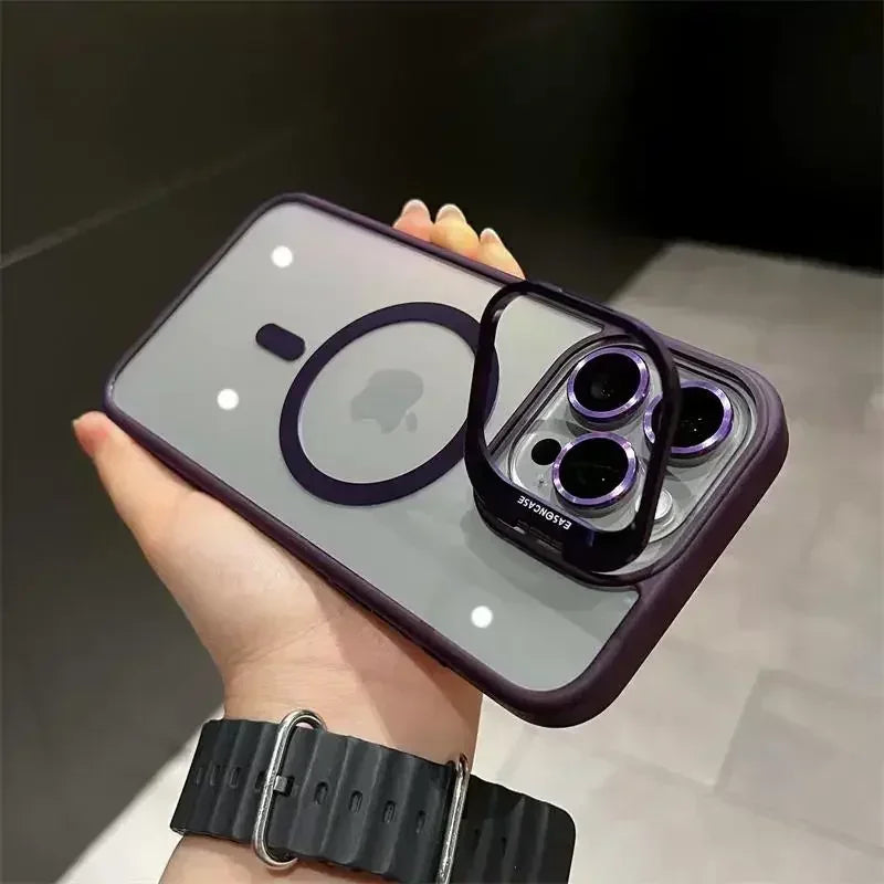 Luxury Magnetic Shockproof Phone Case for iPhone 16/15/14/13/12/11/17 Pro Max with Stand and Glass Lens Case