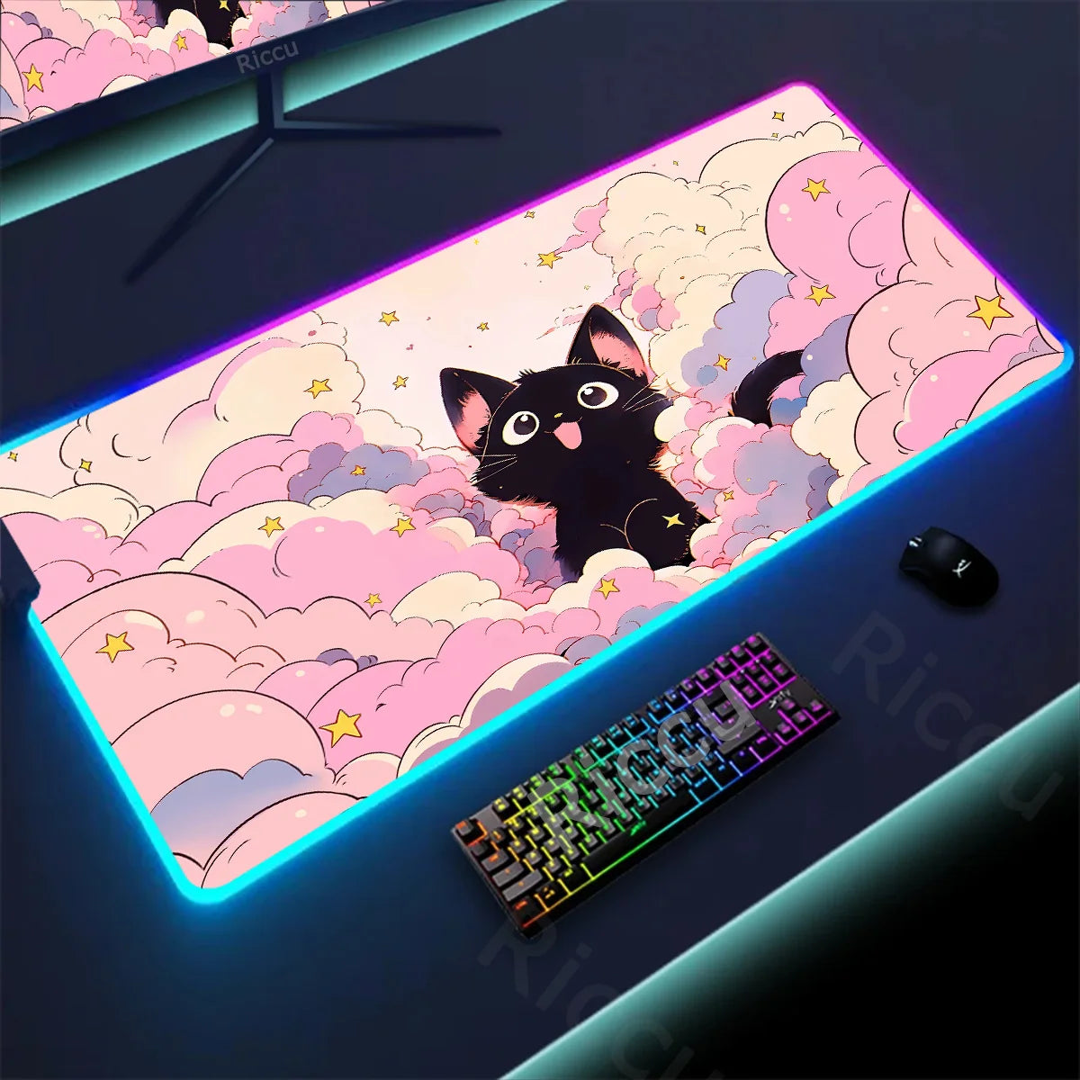 RGB Mousepad Pink Cloud Cat Cartoon Deskmat LED Backlight Gaming Keyboard Rug Computer Office Accessories Kawaii Anime Mouse Pad - WinSupport Tech