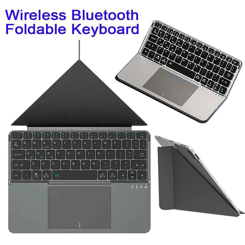 Multi-functional Wireless Bluetooth 5.0 Folding Keyboard for Tablet/Phone/PC Detachable Leather Stand Touch Portable Keyboard
