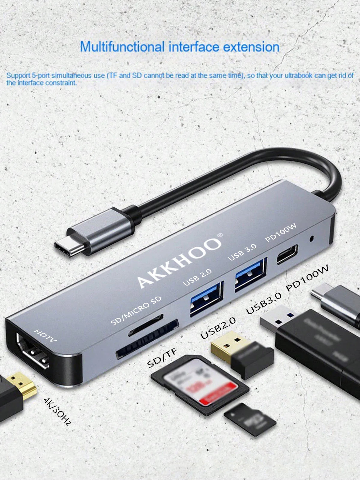 6 in 1 Type-C Docking Station, Support 100W PD Fast Charge, SD/TF Card Dual Card Slot, Portable Multi-Function Docking Station
