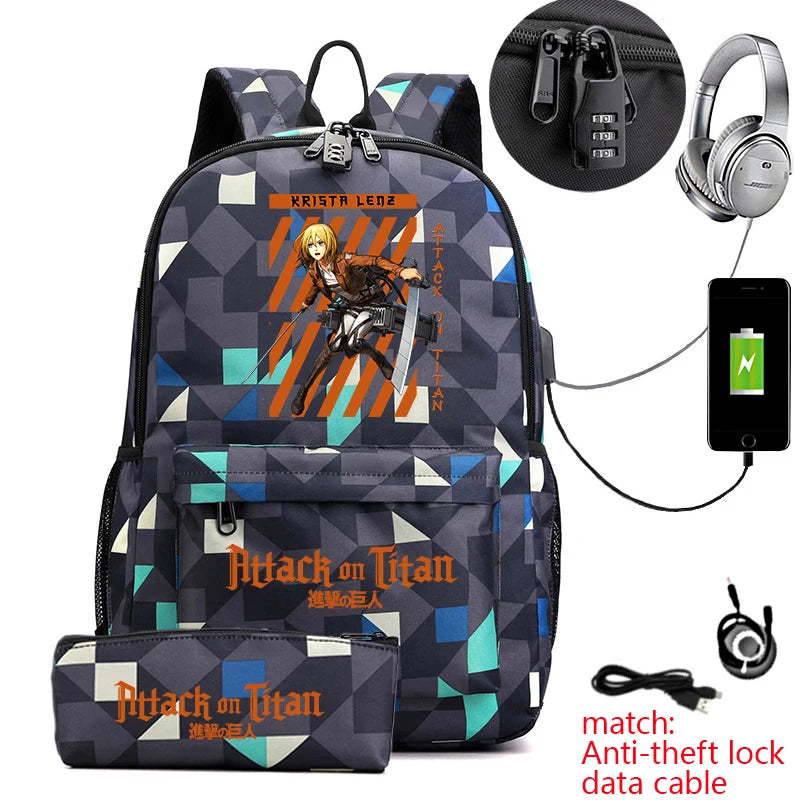 Attack on Titan Anime Print School Backpack Anti-Theft Laptop Bag for Boys Girls with Pencil Case