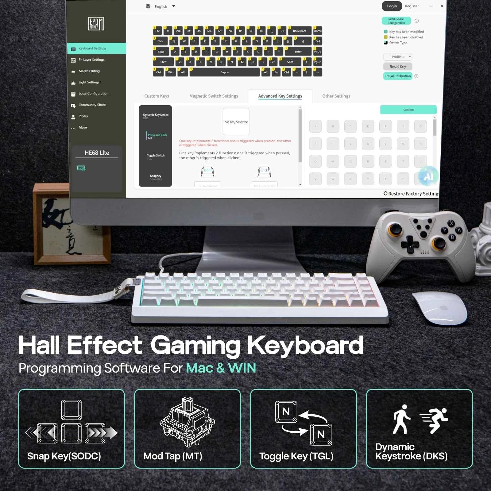 EPOMAKER HE68 Lite 65% Layout Tray-Mounted Wired Hall Effect NKRO Magnetic Keyboard DKS SOCD 8kHZ Polling Adjustable Actuation