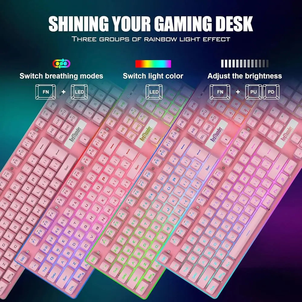 Wireless Gaming Keyboard and Mouse Set, LED Backlit, Rechargeable 3800mAh, Mechanical Key Anti-ghosting + 7D 3200DPI Gaming Mous