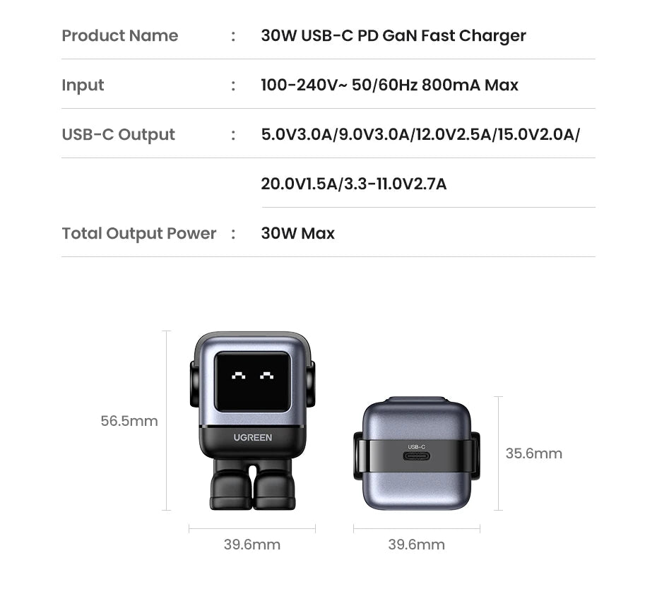 【US Plug】UGREEN 30W 65W GaN Charger Robot Design PD3.0 Fast Charger PPS for iPhone 17 16 Macbook Laptops Samsung XiaomiTablets
