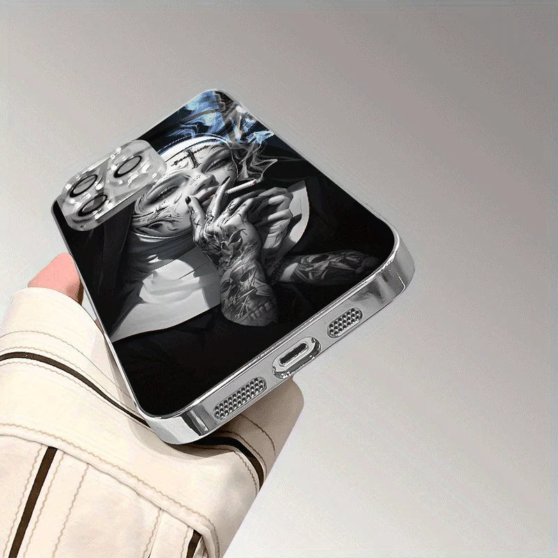 Crystal clear, beautifully designed tattooed lady smoking pattern glass phone case for iPhone16 15 14 13 12Promax