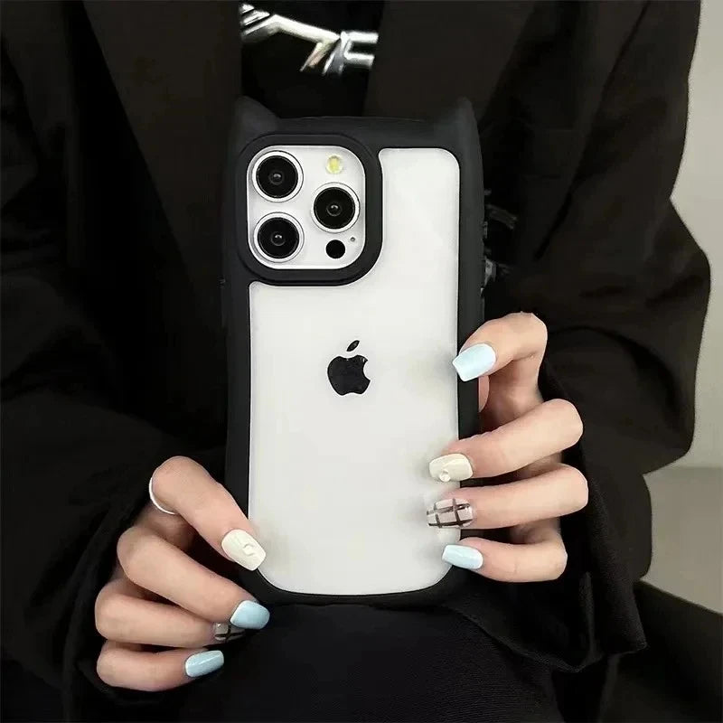 Soft Silicone Cute Cat Ear Phone Case For iPhone 16 17 13 15 14 12 11 Pro Max Air XS Max Funda Transparent Shockproof Back Cover