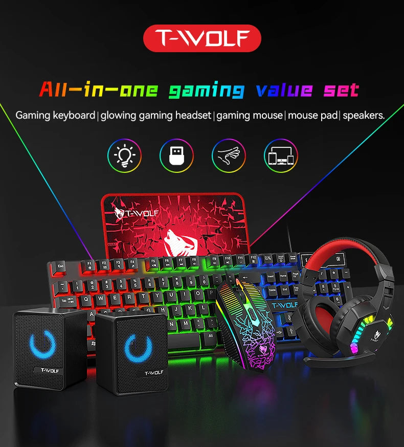 5-in-1 Set Gaming Combo Keyboard 4-color Breathing Light Mouse 3.5mm Gaming Headset Gaming Speaker Anti-slip Mouse Pad NEW HOT