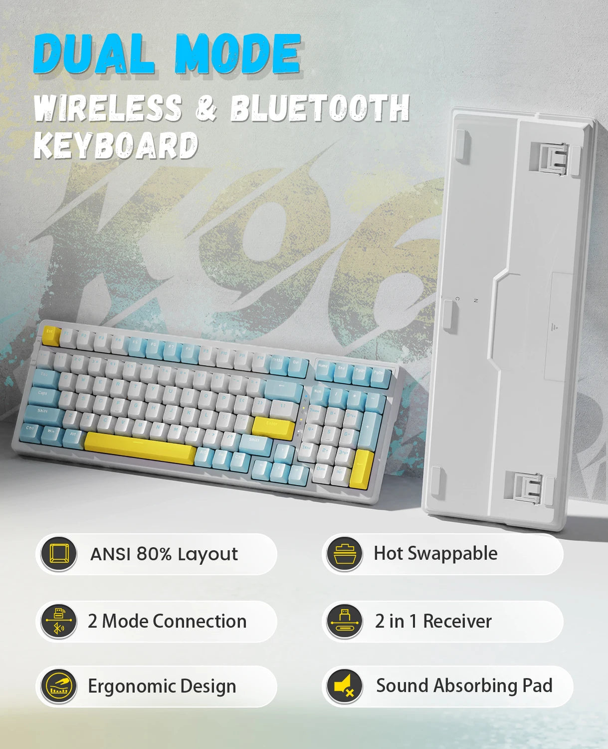K96 Wireless Mechanical Keyboard, Dual Mode 2.4G/BT5.0 2-in-1 Receiver, 100 Keys Hot Swappable Red Switches Gamin