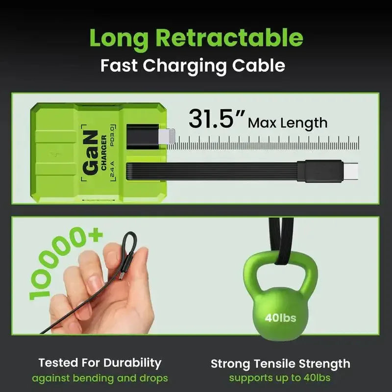 （2PCS）W&O 4-in-1 GaN 120W Fast Charger Retractable USB-C & Lightning Cable Folding Adapter iPhone 16 iPad MacBook Multi-Device