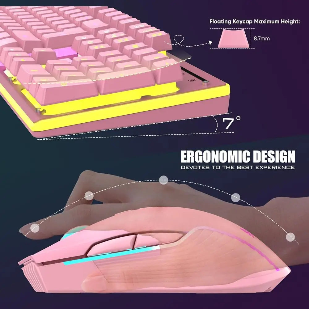Wireless Gaming Keyboard and Mouse Set, LED Backlit, Rechargeable 3800mAh, Mechanical Key Anti-ghosting + 7D 3200DPI Gaming Mous