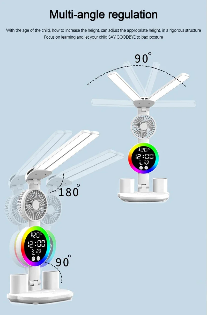 LED Table Lamp with Fan And Clock Display Reading Desk Light for Study Night Light Adjustable Brightness
