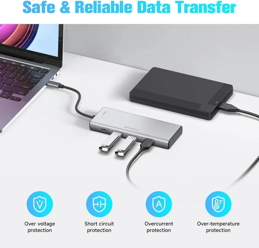 RSHTECH M.2 NVMe/SATA SSD Enclosure 5-in-1 Aluminum 10Gbps USB C Hub with 3 USB 3.2 Data Ports 100W Power Delivery and M2 SSD Docking Station External USB-C to M.2 Caddy for Laptops MacBook