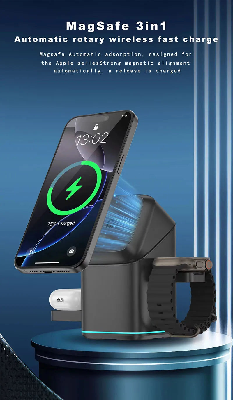 Qi2 15W 3-in-1 Magnetic Wireless Charger Stand Fast Charging For iPhone 14 15 16 17/AirPods Charger Touch Auto Rotation