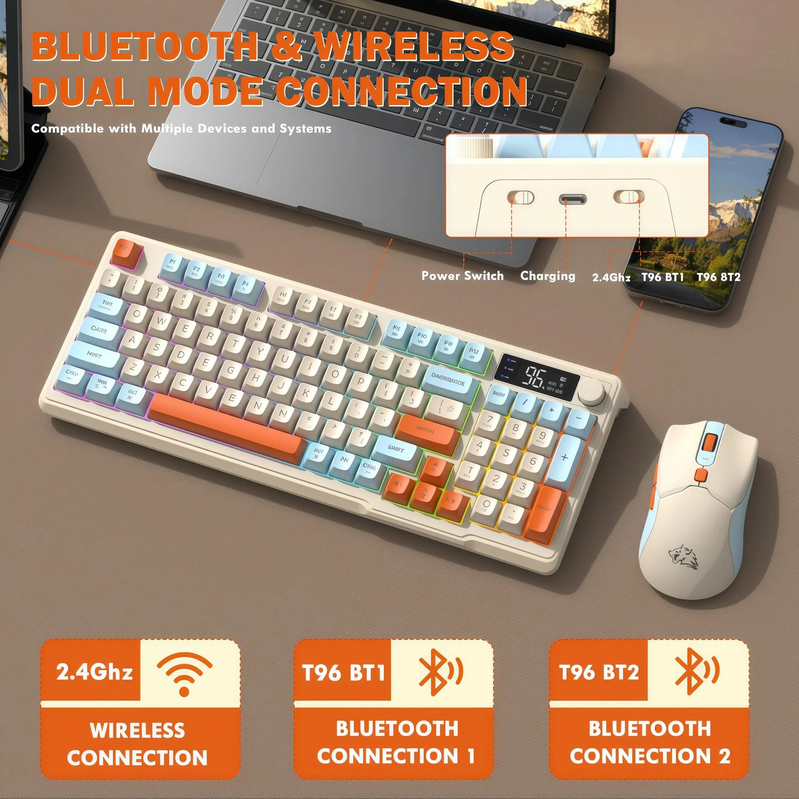 Freewolf T96 Gaming Wireless Keyboard and Mouse Supports dual-mode Bluetooth connectivity Compatible with PC and Mac devices