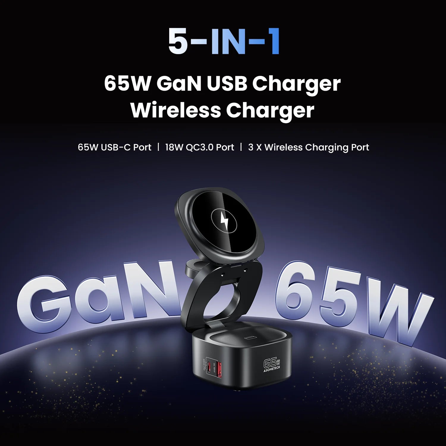 ASOMETECH 65W GaN Fast Charger For Macbook Samsung Magnetic 5 in 1 Foldable Wireless Charger Station For iPhone 16 iWatch Airpod