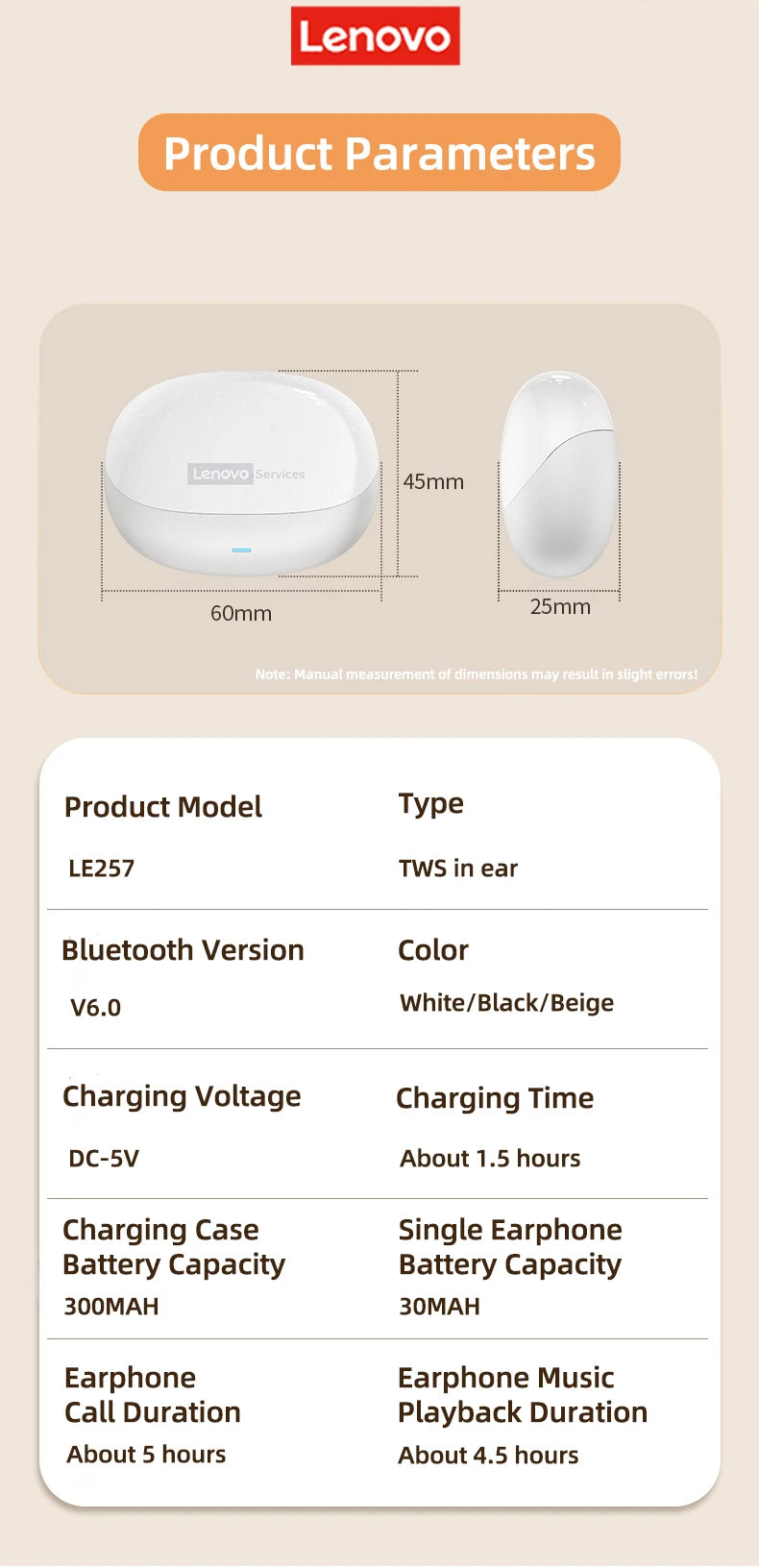 Lenovo LE257 Wireless Bluetooth 6.0 Earphones HiFi Sound ENC Call Noise Reduction TWS Headphones Gaming Sports Headset with Mic