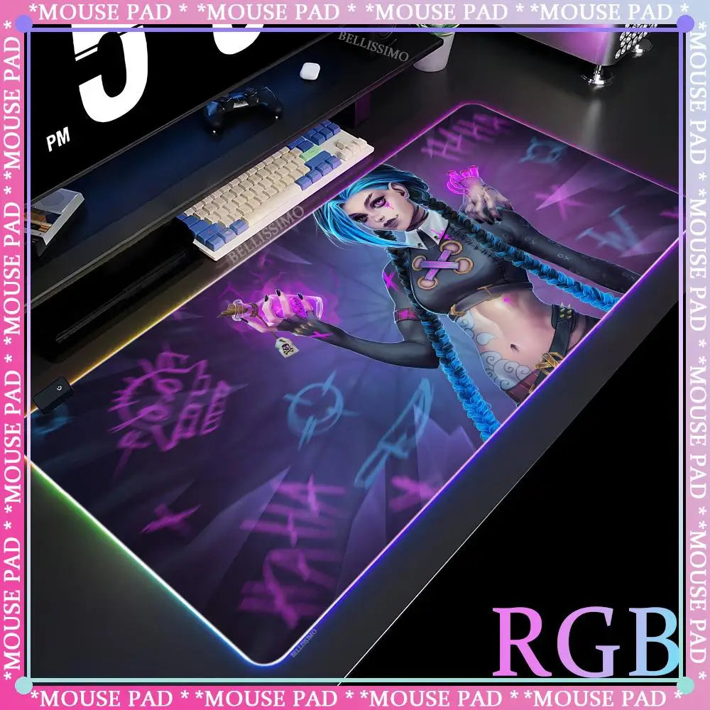 RGB League of Legends MousePad Gamer Jinx Anime Girl LED Game Accessories Keyboard Pad Large Desk mats Rubber Luminous Mouse Pad