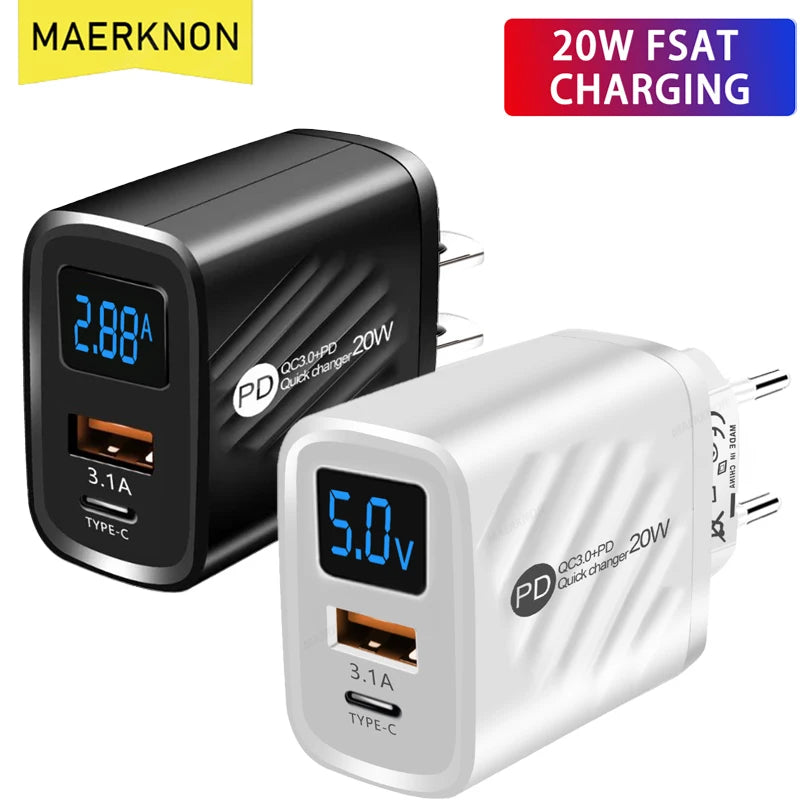 USB PD Charger 20W Fast Charging Type C Digital Display Phone Charge Adapter For iPhone Samsung Xiaomi Huawei USB C Wall Charger
