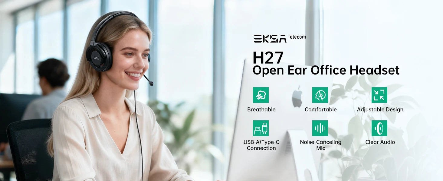 EKSA H27 Open Ear Office Headset USB-A/Type C Wired Headphones with ENC Call Noise Cancelling Microphone for PC/Phone