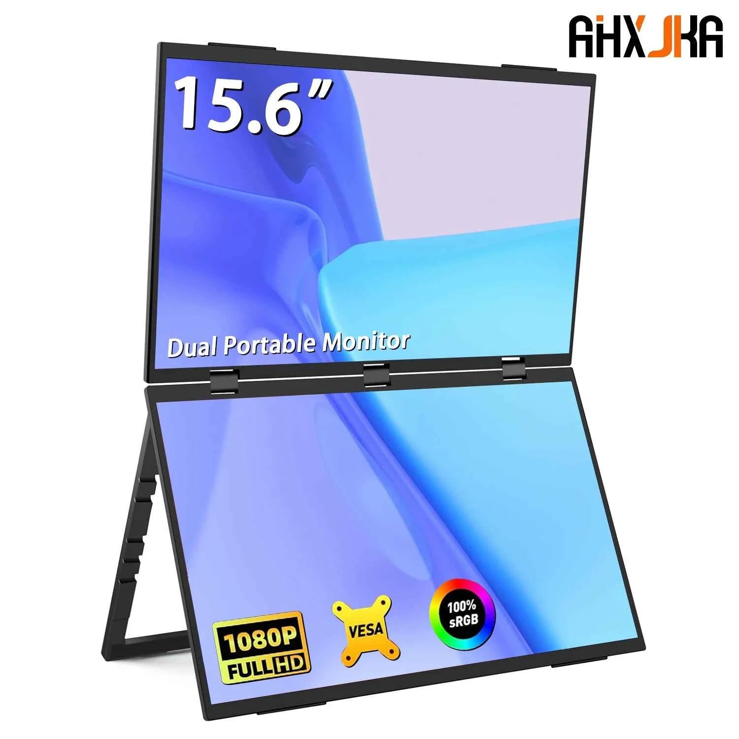 AHXJKA 15.6" Dual Portable Monitor 1080P FHD Laptop Screen Extender Folding Stacked Dual Monitors for Laptop PC Windows Mac