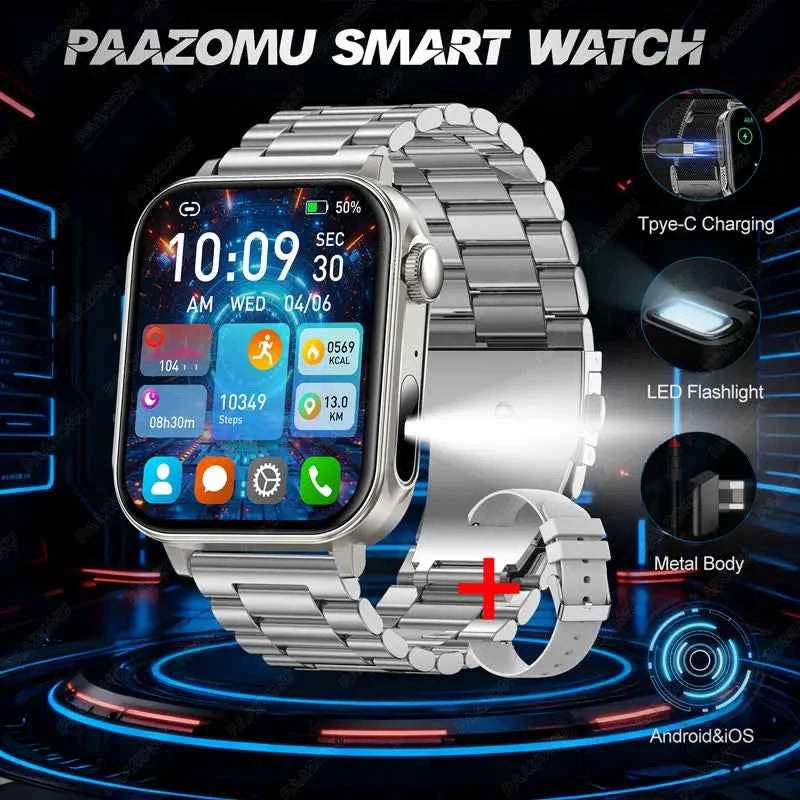 2025 New Smart Watch Men Women Type-C Charging Heart Rate LED Flashlight Bluetooth Call IP68 Waterproof SmartWatch for Android