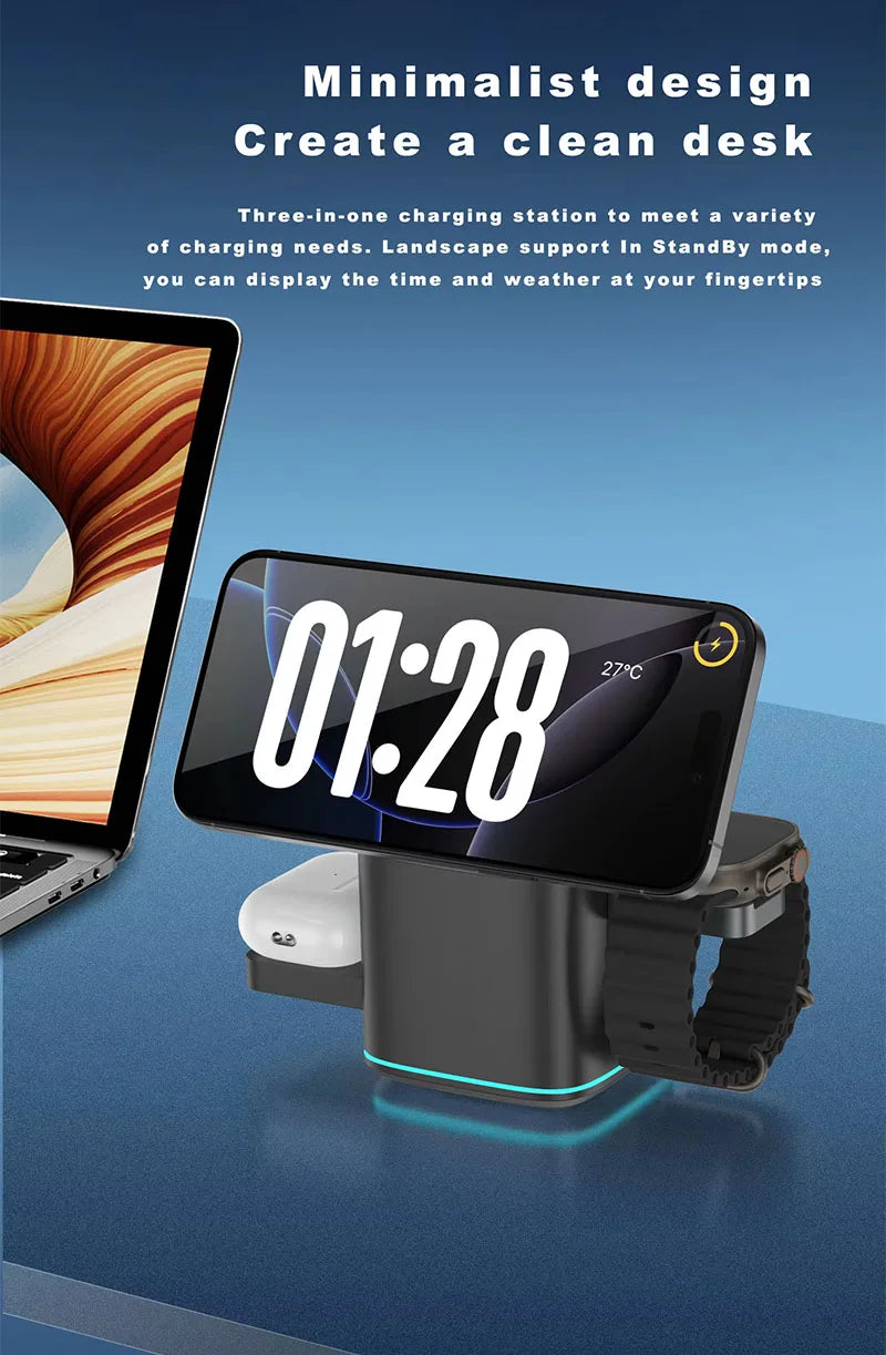 Qi2 15W 3-in-1 Magnetic Wireless Charger Stand Fast Charging For iPhone 14 15 16 17/AirPods Charger Touch Auto Rotation