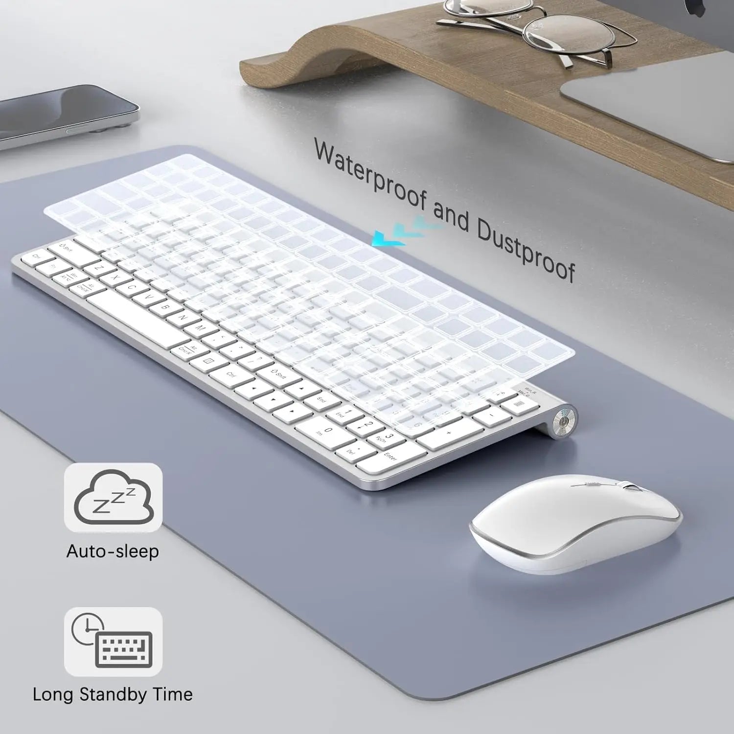 Ergonomic wireless keyboard and mouse, ultra-thin and compact design French AZERTY/ American QWERTY quiet,USB-A and USB-C ports.