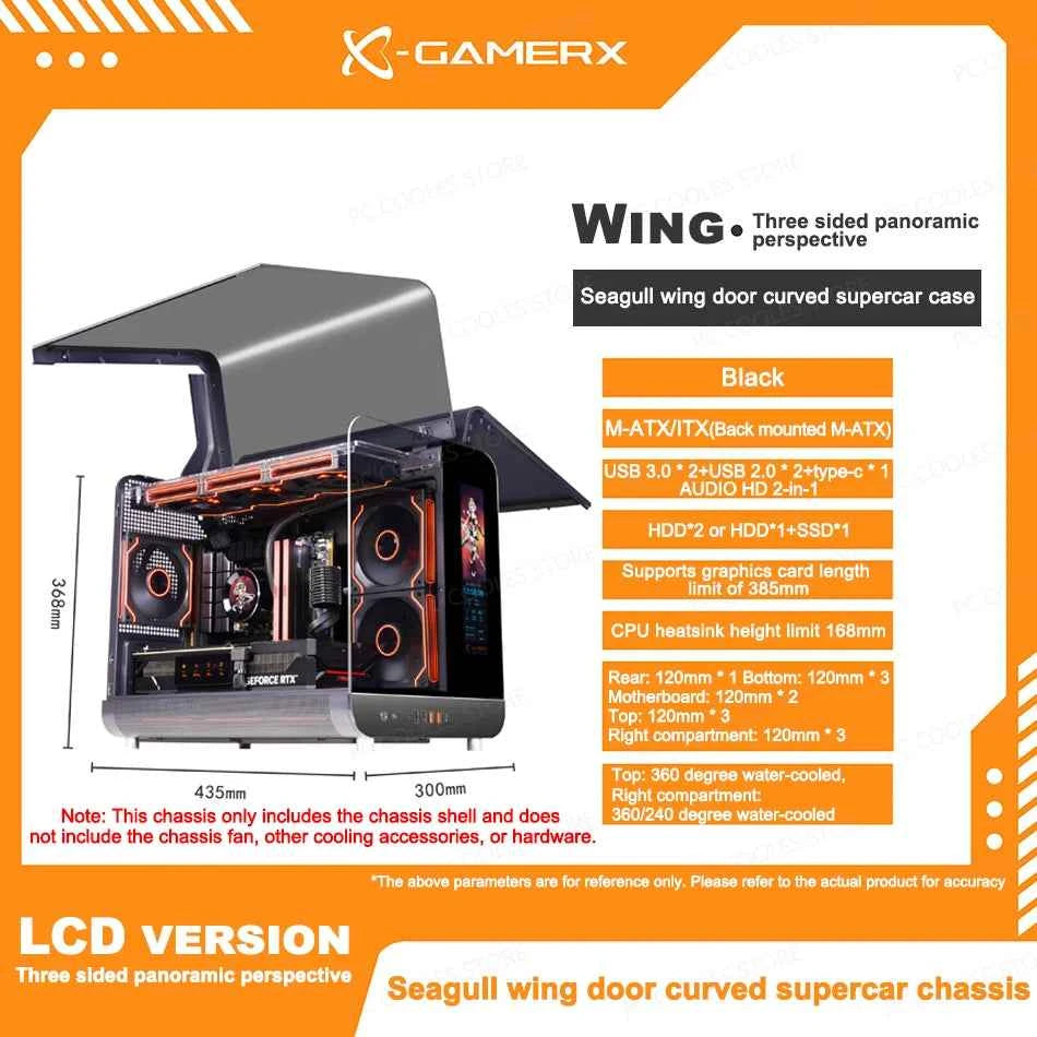 PowerTrain  X-GAMERX Phantom Wings LCD Edition Black Seaview Room Case MATX Vertical Desktop Computer 360 Water-cooling Host