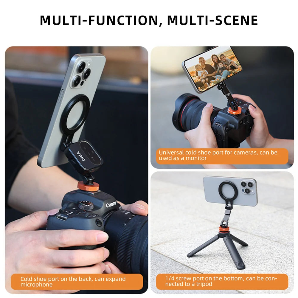 VRIG Magnetic Cold Shoe Mount Phone Holder W 1/4 Phone Tripod Mount for MagSafe iPhone 16 15 14 Samsung Camera Mic Light Monitor