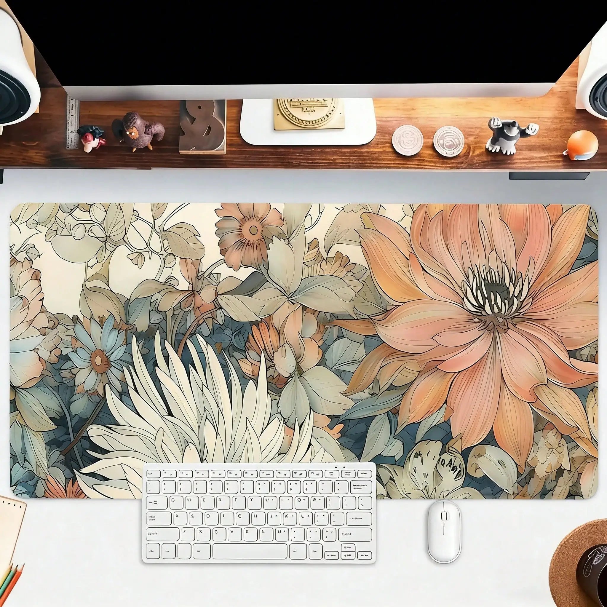 1pc Vintage Flowers Mouse Pad Boho Design Aesthetic Desk Pad Large Desk Accessories Rubber Base With Stitched Edge Non-Slip Keyboard Pad For Office Home