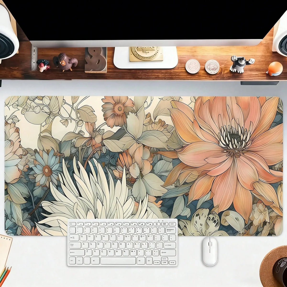 1pc Vintage Flowers Mouse Pad Boho Design Aesthetic Desk Pad Large Desk Accessories Rubber Base With Stitched Edge Non-Slip Keyboard Pad For Office Home