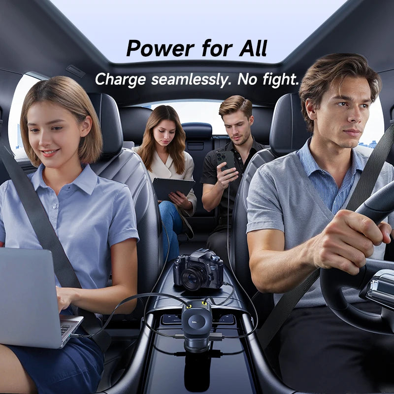 Baseus 240W Car Charger 4 Ports Built in Retractable Cable Fast Charging USB Type-C Car Phone Charger For Samsung iPhone Xiaomi