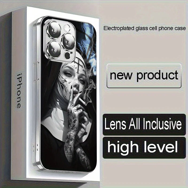 Crystal clear, beautifully designed tattooed lady smoking pattern glass phone case for iPhone16 15 14 13 12Promax
