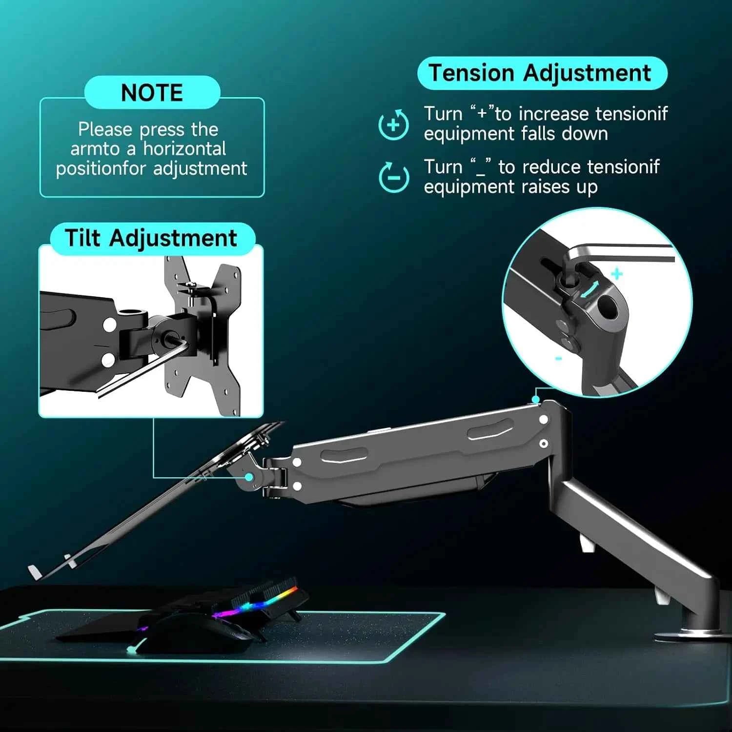Gas Spring Monitor Laptop Stand Mount, 2-in-1 Adjustable Arm for 12-17